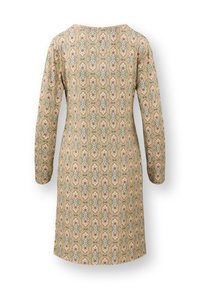Long-sleeve beige dress with a repeating vintage floral pattern in blue and red, shown from the back on a white background.