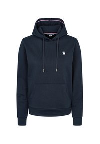 Marinblå hoodie i texturerat tyg, med en kenguruficka, justerbara dragsnören och en liten logotyp på bröstet.