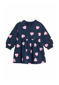 Robe en coton bleu marine à manches longues, présentant une jupe froncée et des motifs de cœurs roses dispersés avec de petits visages souriants.
