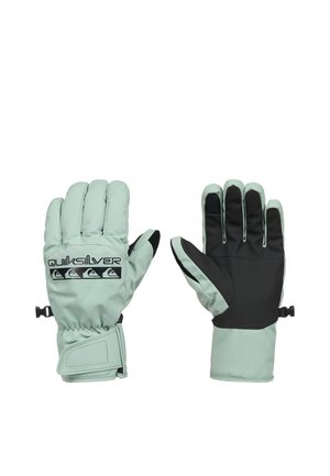Pair of light green winter gloves with black palms and fingers, elastic wrists, and Quiksilver logo on the back of one glove.