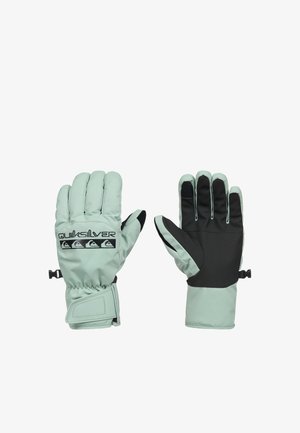Pair of light green winter gloves with black palms and fingers, elastic wrists, and Quiksilver logo on the back of one glove.