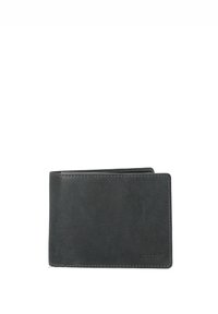 Schwarze Lederbörse mit einer glatten Textur, zweifacher Falt-Design, auffprägten Nähten und einem dezenten Logo auf der Vorderseite. Kompakt und minimalistischer Stil.