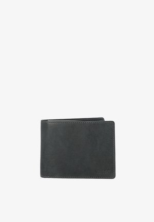 Black leather wallet with a smooth texture, bi-fold design, prominent stitching, and a subtle logo on the front. Compact and minimalist shape.