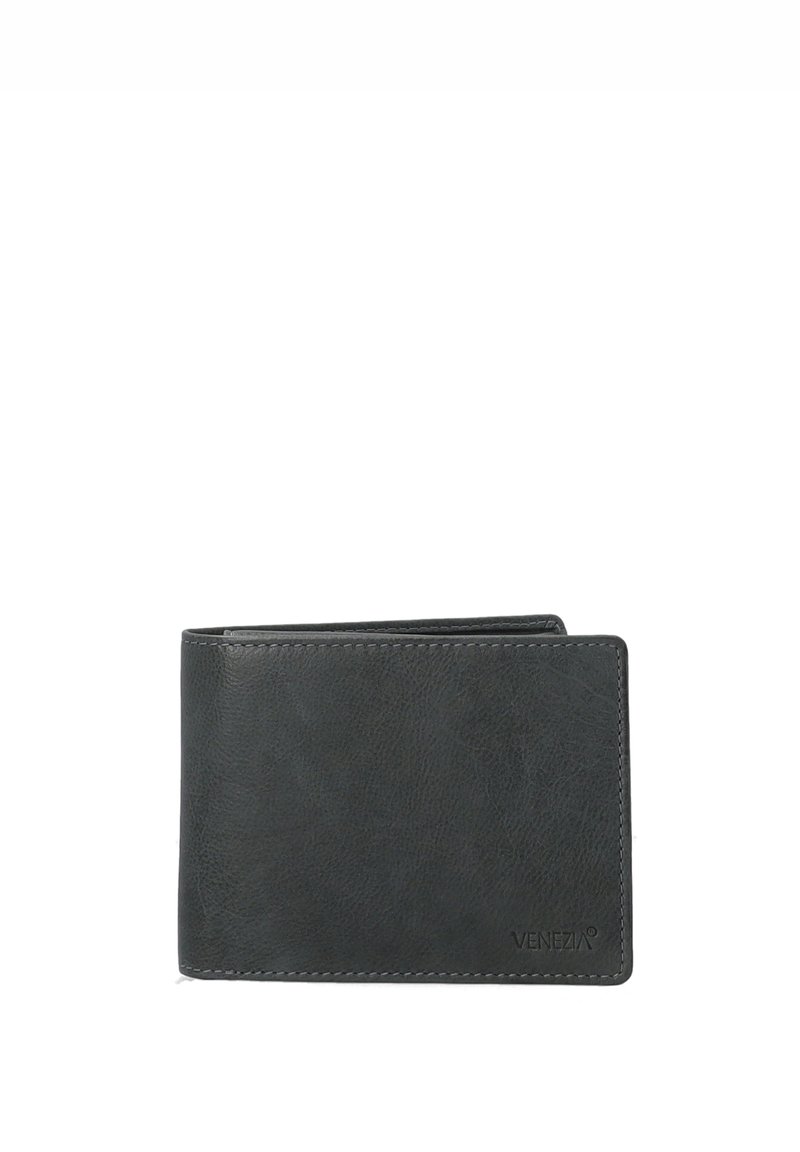 Schwarze Lederbörse mit einer glatten Textur, zweifacher Falt-Design, auffprägten Nähten und einem dezenten Logo auf der Vorderseite. Kompakt und minimalistischer Stil.