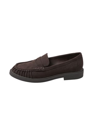Ruske suede loafers med en sydd detalje foran, en flad gummisål og et let afrundet tådesign.