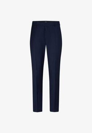 Op maat gemaakte marineblauwe broeken van gestructureerde stof, met een slim fit ontwerp, riemlussen en een ritsopening. Geen zichtbare zakken.