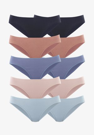 Nine pairs of women's briefs arranged in three rows. Colors include dark navy, peach, lavender, dusty pink, and light blue. Smooth fabric.