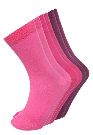 Fem par sokker i varierende nyanser av rosa og lilla, laget av glatt stoff med ribbestrikket mansjetter og sømløse tær.