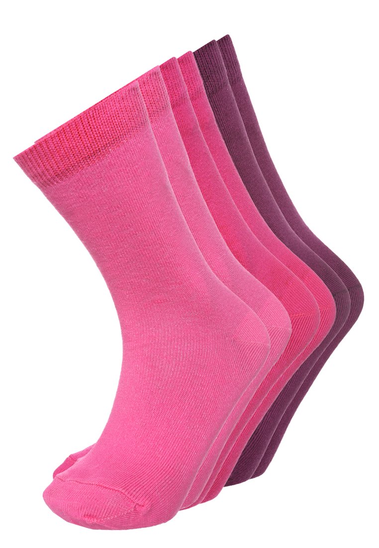 Cinque paia di calzini in diverse tonalità di rosa e viola, realizzati in tessuto liscio con polsini a coste e punte senza cuciture.