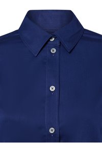 Navy blue button-up shirt featuring a classic collar, smooth texture, and shiny button closures with contrasting stitching details.