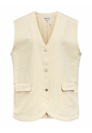 Kremasti prsluk bez rukava s V-izrezom, tri prednja gumba, suptilinim okomitošću šavova i dva džepa s poklopcima na bokovima.