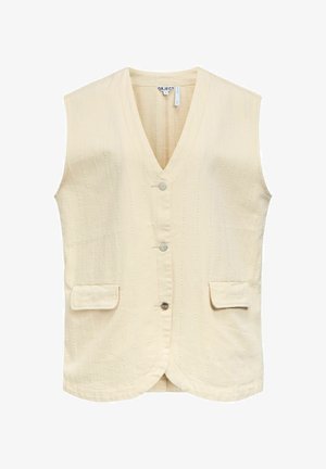 Kremasti prsluk bez rukava s V-izrezom, tri prednja gumba, suptilinim okomitošću šavova i dva džepa s poklopcima na bokovima.