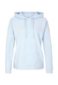 Sudadera azul claro hecha de material suave, con un bolsillo frontal, capucha con cordón y puños de canalé. Diseño simple, corte relajado.