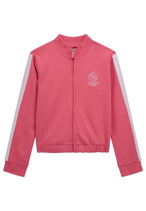 Pink zip-up jacket with white stripes on sleeves, ribbed collar and cuffs, elastic hem, and a small Guess logo on the left chest.