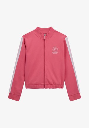 Różowa kurtka zapinana na zamek z białymi paskami na rękawach, prążkowanym kołnierzem i mankietami, elastycznym dołem oraz małym logo Guess na lewej piersi.