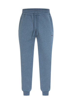 Pantaloni della tuta blu realizzati in tessuto morbido, con vita elastica e coulisse, tasche laterali e polsini a costine alle caviglie.