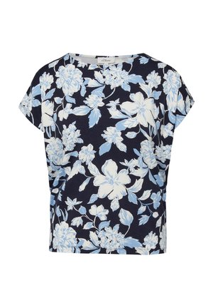 Granatowa bluzka z krótkim rękawem, luźnym krojem oraz wzorem kwiatowym w jasnoniebieskie i białe kolory.