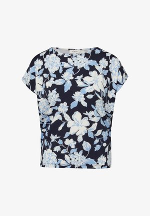 Short-sleeve navy blouse with loose fit and light blue and white floral pattern.