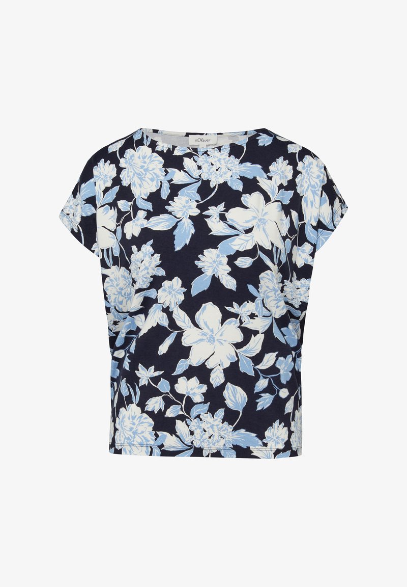 Granatowa bluzka z krótkim rękawem, luźnym krojem oraz wzorem kwiatowym w jasnoniebieskie i białe kolory.