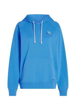 Blå hættetrøje lavet af bomuld, med frontlomme, snøresløjfe i hætten og logodetalje. Ribstrikkede manchetter og kant fuldender designet.