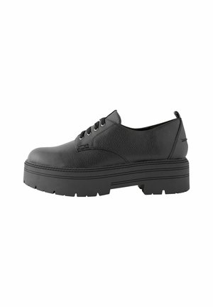 Black leather lace-up shoes with a textured finish, featuring a robust platform sole and rounded toe design. Minimalist hardware accents.