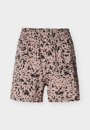 Lyserøde shorts med sort abstrakt dyreprint og elastisk taljebånd, vist mod en hvid baggrund.