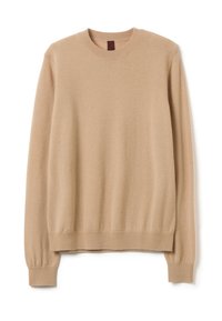 Maglione beige a girocollo realizzato in morbido tessuto lavorato a maglia, caratterizzato da polsini e orlo a costine e una superficie liscia per il comfort.