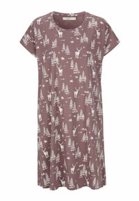 Lyhythihainen mekko mauve-värissä, jossa on valkoinen luonnonprintti, joka esittää peuroja ja puita. Valmistettu pehmeästä, hengittävästä kankaasta, jossa on pyöreä kaulus ja väljä istuvuus.