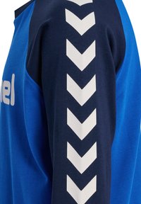 Blauer und marineblauer Sweatshirtärmel mit weißen Chevron-Streifen, die vertikal am Arm verlaufen, und teilweise weißer Text auf der Brust.