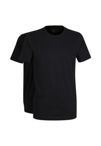 Dos camisetas de cuello redondo de manga corta en negro liso, colocadas una al lado de la otra, de frente, sobre un fondo blanco.