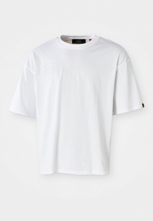 Weißes T-Shirt mit kurzen Ärmeln aus Baumwolle. Verfügt über einen Rundhalsausschnitt, eine lockere Passform und ein dezentes, geprägtes Logo auf der Vorderseite.