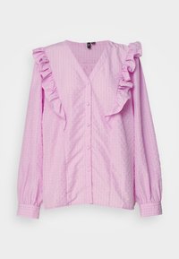 Blusa rosa con maniche lunghe e colletto a V, caratterizzata da dettagli arricciati sulle spalle e chiusura a bottoni, realizzata in tessuto testurizzato.