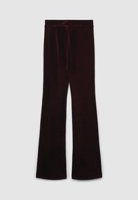 Pantaloni svasati in velluto color bordeaux con una texture liscia, vita alta e design elegante. Offrono una silhouette aderente dalla vita al ginocchio.