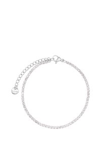 Bracciale argento con una fila di cristalli trasparenti, dotato di chiusura a moschettone e catena di lunghezza regolabile per una chiusura sicura.