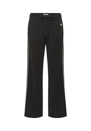Pantalons larges noirs avec une ceinture à cordon de serrage et des rayures blanches sur les côtés, conçus pour le confort et le style décontracté.