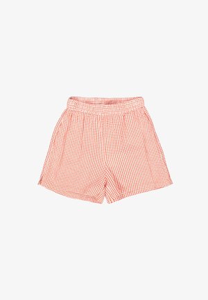 Pantalones cortos de cuadros rojos y blancos con cintura elástica, confeccionados en un tejido ligero y con un ajuste holgado. Sin bolsillos ni elementos metálicos visibles.