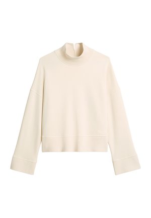 Crème-kleurige, cropped sweatshirt met een hoge halslijn, wijde mouwen en geribbelde manchetten. Gemaakt van zachte, gestructureerde stof. Geen patronen of accenten.