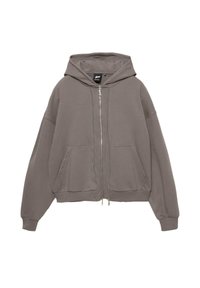 Felpa grigia con cappuccio, con zip a tutta lunghezza, grandi tasche frontali e vestibilità ampia. Realizzata in tessuto morbido con polsini e orlo a costine.