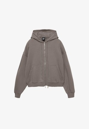Gray hooded sweatshirt with a full zipper, large front pockets, and loose fit. Made from soft fabric with ribbed cuffs and hem.
