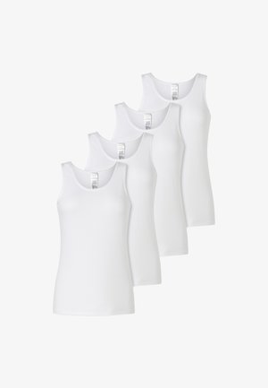 Zestaw czterech białych bawełnianych topów na ramiączkach. Posiadają dekolt w serek i bezrękawowy krój. Gładka struktura i proste detale szycia.