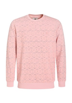 Sudadera rosa con un patrón texturizado y acentos azules, puños acanalados y un diseño de cuello redondo. La tela suave proporciona comodidad.
