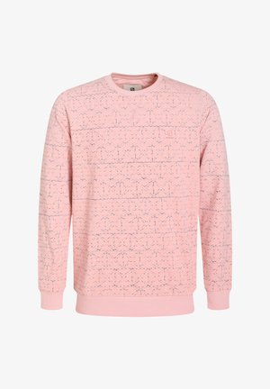 Rozā svīteris ar teksturētu rakstu un zilām akcentiem, ribotām piedurknēm un apaļu kakla dizainu. Mīksta auduma pievienota komfortam.