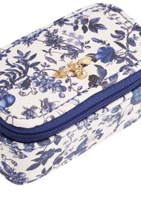 Rectangular white and blue floral patterned pouch with a blue zipper and a small gold bee decoration on top.