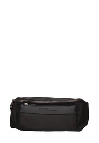 Borsa nera con finitura in tessuto testurizzato e tasca frontale con zip. Presenta un accento in logo nero lucido e hardware della zip in metallo.