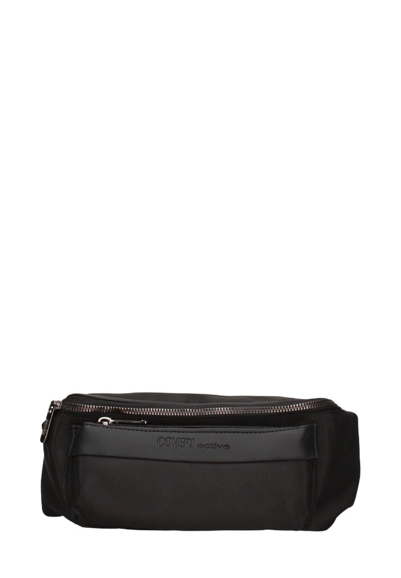 Borsa nera con finitura in tessuto testurizzato e tasca frontale con zip. Presenta un accento in logo nero lucido e hardware della zip in metallo.