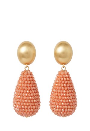 Pair of earrings with round gold studs and teardrop-shaped coral bead clusters hanging below.
