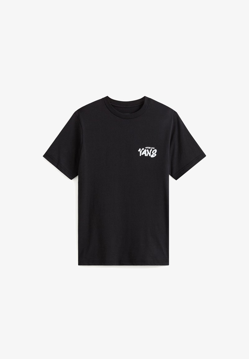 Schwarzes Baumwoll-T-Shirt mit kurzen Ärmeln und Rundhalsausschnitt. Mit dem weißen "OFFICIAL VANS"-Logo auf der linken Brust.