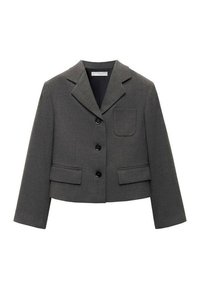 Szara krótka kurtka z usztywnionego materiału, z wciętym kołnierzem, trzema czarnymi guzikami, jedną kieszenią na piersi i dwoma kieszeniami z przodu.