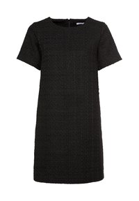 Zwarte korte jurk met een gestructureerde stof met een ruitpatroon, ronde hals en een rits aan de achterkant.