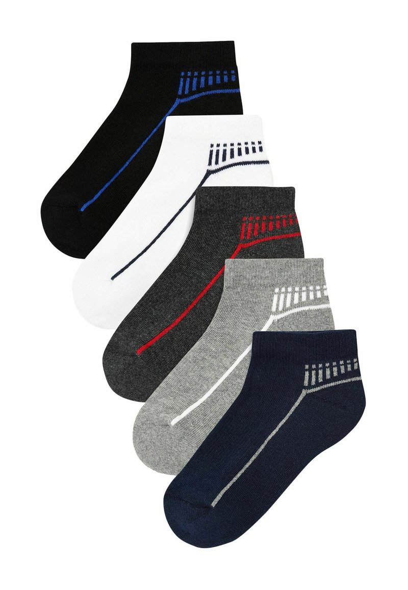 Cinco pares de calcetines cortos en negro, blanco, gris, marino y carbón, con rayas de colores y diseños de talón en contraste.